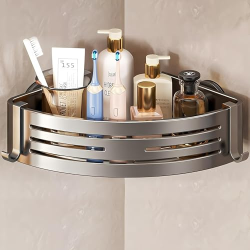 Corner Shower Caddy Suction Cup,Shower Shelves with Hooks,No Drilling Powerful Suction Bathroom Organizers and Storage,Removable Waterproof Rustproof Shower Bathroom Accessories Decor(Coner1-High-1pc)