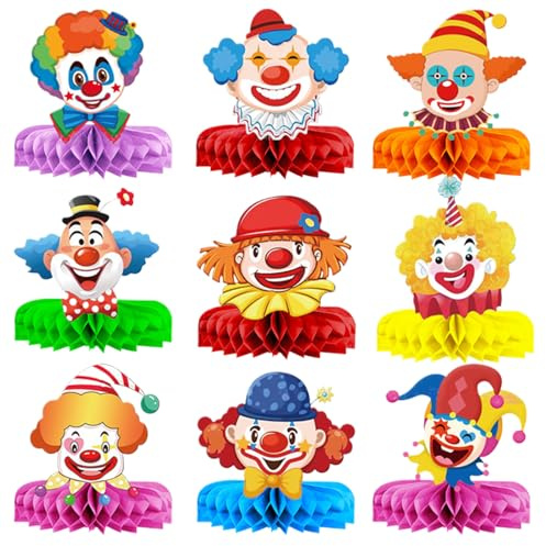 GWAWG Clown Tischdeko Karneval, 9 Stück Clown Deko Tischaufsätze für Fasching, Zirkus-Themenparty, Karnevalsdeko, Fasnacht, 3D Bienenwaben-Mittelstücke