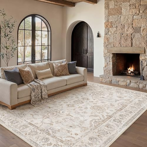 PureCozy Beige Teppich Wohnzimmer 200x300cm Waschbarer Cream Teppiche | Weicher Kurzflor, Rutschfest, Pflegeleicht, Vintage Carpet, Schlafzimmer, Esszimmer, Büro ,Kinderzimmer