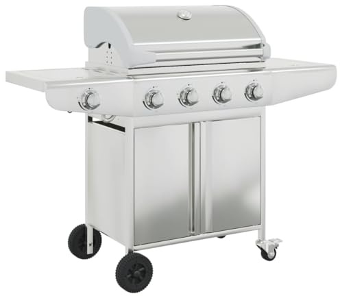 Barbecue a gas con 5 fiamme in acciaio inox argentato, superficie grill, 63 x 40 cm, accensione piezoelettrica, potenza 16 kW, con ripiani laterali e termometro, per barbecue all'aperto e campeggio