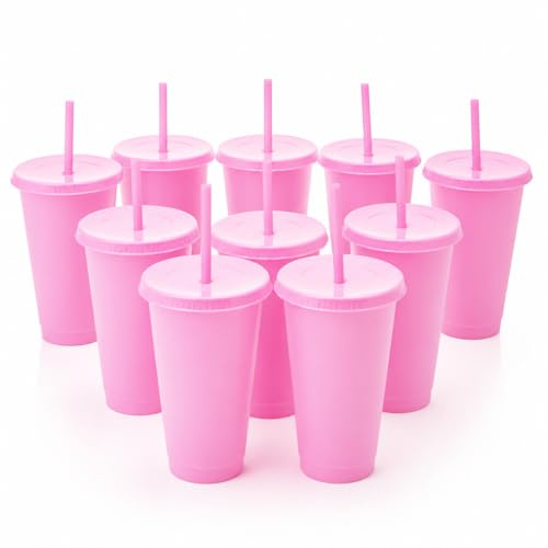 Hispavir | Pack 10 Vasos Reutilizables con Tapa y Pajita 710 ml – Vasos Grandes de Colores para Fiestas, Cumpleaños, Piscina y Eventos – Vasos de Plástico Reutilizables con Pajita (Rosa)