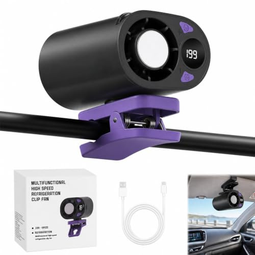 Vibbang Car Clip on Air Conditioner Fan, Rechargeable Car Fans That Blow Cold Air with LED Display, 16℃ Semi-Cooling 199 Speeds 360° Rotation, for Office Beach Truck Tent Pram