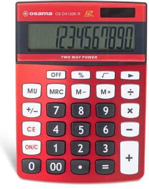 Osama – Büro-Taschenrechner Groß, mit 12 Ziffern, 3 Speichertasten und doppelter Stromversorgung – Professioneller Rechner mit Mark up für Arbeit und Universität, 3,6 x 11,5 x 15,5 cm, Rot/Schwarz