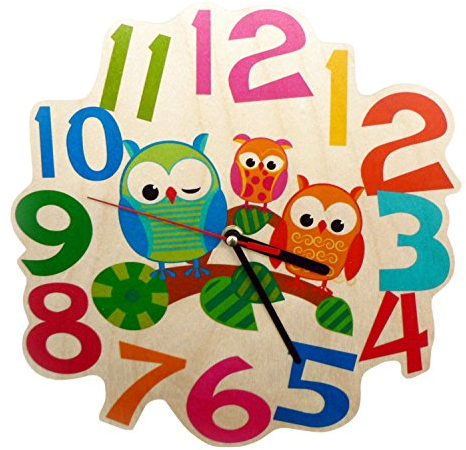 Hess Holzspielzeug 30001 - Wanduhr aus Holz für Kinder, Serie Eule, mit Quarzuhrwerk, handgefertigt, Durchmesser ca. 21 cm, farbenfroher Zeitanzeiger für´s Kinderzimmer