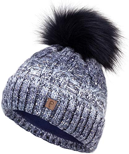 Faera Wintermütze Mütze Damen gefüttert mit Pailletten Bommelmütze Fleecefutter Winter Strickmütze Beanie-Mütze, Farbe:Blau