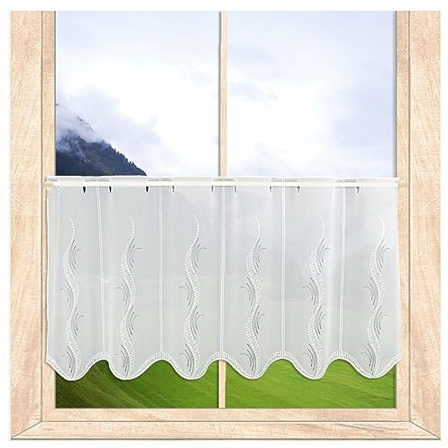 atelier alles-Spitze Stickerei-Scheibengardine Luna Weiß-Taupe HxB 45x64 cm | Moderne Bistrogardine mit Fantasie-Ranken | Voile 100% Polyester | Elegante Kurzgardine für jeden Raum