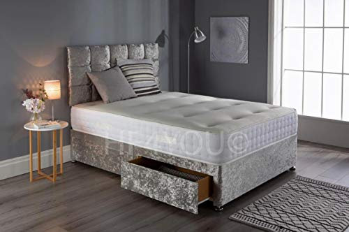 GHOST BEDS Saif Crushed Velvet Divan Bed Set With Memory Sprung Mattress, 2 Drawers and 24 Inch Grid Headboard (3FT Single, Silver)
