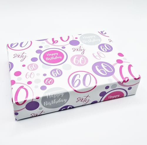 Geschenkpapier zum 60. Geburtstag, 2 Bögen + 2 passende Geschenkanhänger für Frauen zum 60. Geburtstag, Rosa, Lila, Weiß, Geschenkpapier für Frauen