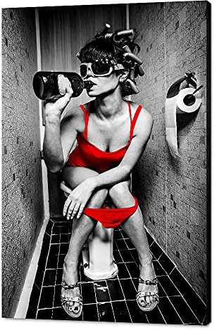 Sexy Woman Wall Decor Artwork Girl Smoking Sitting in A Toilet with An Alcohol Bottle Modern Creativity Red Print Picture Home Decor Artwork Bathroom Bedroom Wall Decor and Framed - 24 W x 36 H