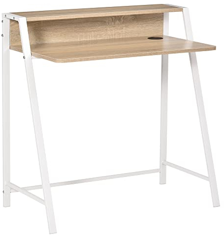 HOMCOM Schreibtisch, Computertisch mit Ablage und Kabel Management, moderner Schreibtisch mit Metallgestell für Arbeitszimmer, Schlafzimmer, Home Office, 84 x 45 x 85 cm, Weiß+Eiche