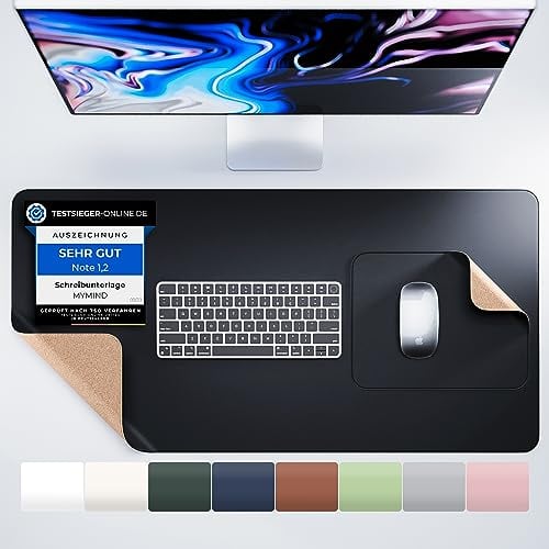 MYMIND® Sous-mains Set de 2 Noirs 80x40 - Qualité supérieure avec tapis de souris supplémentaire - Liège naturel écologique - Sous-mains pour ordinateur portable - Sous-mains de bureau 800x400