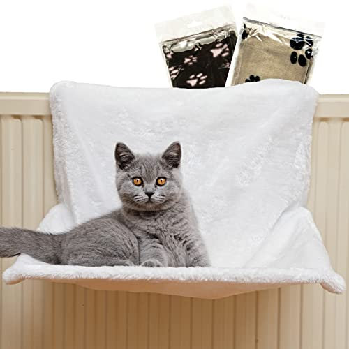 Luxury Pet Living Faux Fur Cat Radiator Beds with Cat Blanket | Kitten and Cat Beds for Indoor cats | Raised Radiator Cat Bed | Cat Window Bed with Soft Pet Blanket (Cream)