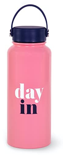 Kate Spade New York Large Insulated Stainless Steel Water Bottle, 33 Ounce Pink Metal Water Bottle, Double Wall Travel Tumbler with Lid, Day In Day Out