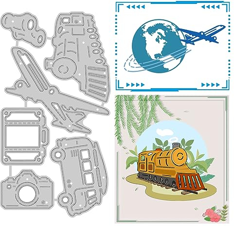 GLOBLELAND Stanzschablonen Transportthema Metall Schneiden Schablonen Auto, Flugzeug, Zug und Koffer Stanzformen für Kartenherstellung und DIY Scrapbooking Dekor
