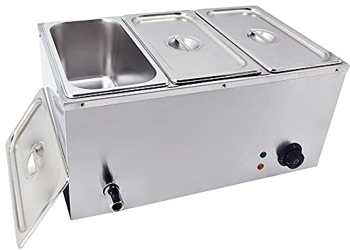 TAIMIKO Bain Marie électrique en Acier Inoxydable 220V Chauffe-Plats Professionnel Commercial avec 3 Bacs Casseroles avec Robinet de vidange Contrôle de la température
