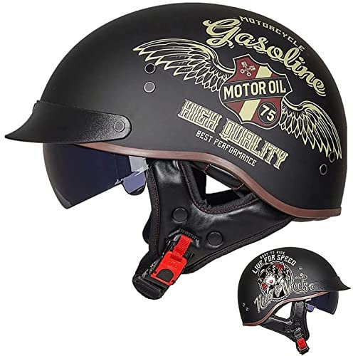 Casque Bol Brain Homologué ECE Demi-Jet Moto Vintage Visière Intégrée Cruiser Chopper Scooter Cyclomoteur C-XL (61~62cm)