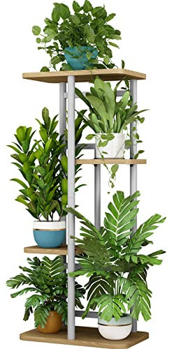 LINZINAR Soporte para plantas de 4 niveles y 5 macetas de interior, múltiples soportes para jardín, esquina, balcón, sala de estar (4 niveles 5 en maceta, blanco)