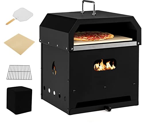 GOPLUS Horno de Pizza 4 en 1 con 32cm de Piedra, Alimentado con Madera y Gránulos, Horno para Pizza con 2 Capas, Parrilla de Barbacoa, Cubierta Impermeable, Portátil para Exterior Camping, Hasta 300ºC