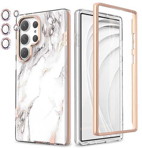 Chvelop 3-in-1 Samsung S23 Ultra Hülle mit Stoßfänger [OHNE Schutzfolie] + Kameraschutz | Samsung Galaxy S23 Ultra Hülle Stoßfest Kratzfest, Glänzend Fade-Resistant Muster-Design Handy Case (Marmor)