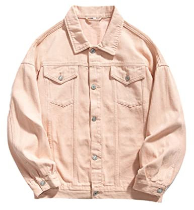 Giacca in denim di cotone primaverile uomo casual cappotto di jeans tinta unita moda hip hop sciolto giacca di jeans da uomo plus size, rosa, 2XL