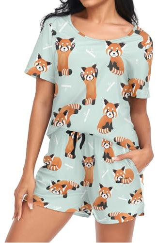 Mnsruu Cute Red Panda Bamboo Womens Pyjamas Sets Short Sleeves, Ladies Pajamas Pjs Set Loungewear with Pocket Size L