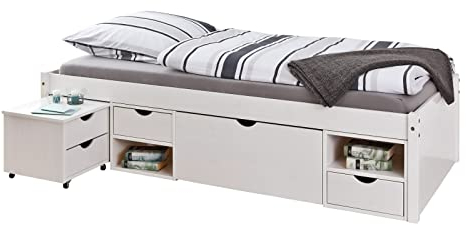 möbelando Funktionsbett Till aus Massivholz in Weiss mit 2 Schubladen und 4 Einlegeböden. Abmessungen (BxHxT) 209x47,5x96 cm
