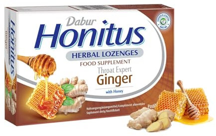 Dabur Honitus Ginger Flavor - 24 Herbal Lozenges | Effective Relief from Cough & Sore Throat Pain |