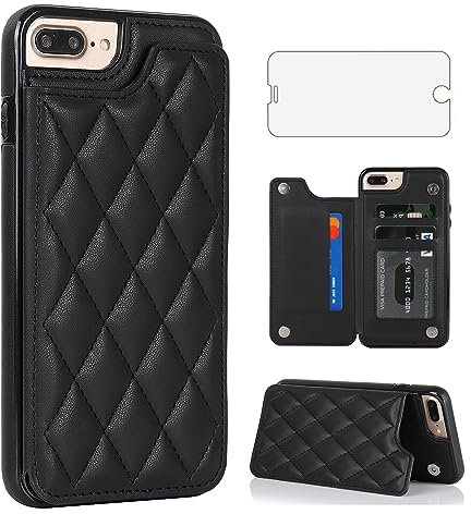 Asuwish Phone Case for iPhone 7plus 8plus 7/8 Plus Wallet Cover with Screen Protector and Leather RFID Credit Card Holder Stand Cell Accessories i Phone7s 7s + 7+ 8s 8+ Phones8 7p 8p Women Men Black