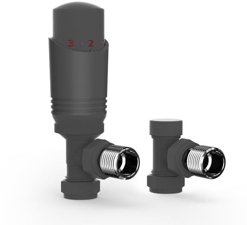 VANCOCO 1/2×15mm Angled Thermostatic Radiator Valve with Lockshield Valve, Energy Saving Modern TRV H62 Brass Pair Radiator Thermostat Valves for Radiator Central Heating(Anthracite)