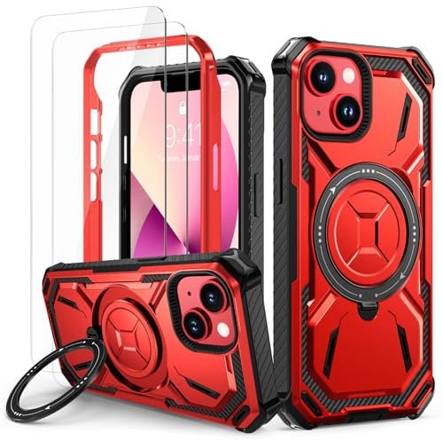 Lanhiem für iPhone 13/14 Hülle, 360° Ring Ständer, Stoßfest Armor, Rot | mit 2 Stück Schutzfolie, Robust Bumper Schutzhülle, Militärischer Panzerhülle, Kratzfest Handyhülle für iPhone 13/14 Case