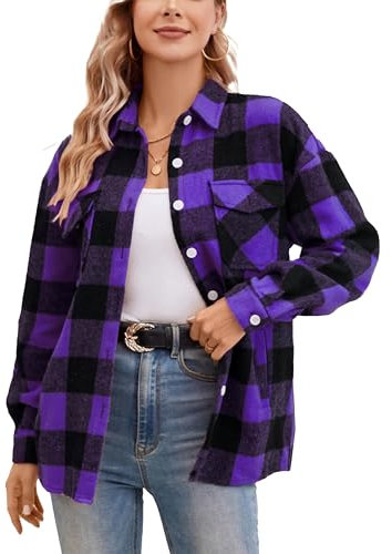 SANGTREE Camicia da donna in flanella, a maniche lunghe, con bottoni, a quadri, 3 mesi, Giacca Plaid - Viola Nero, Small