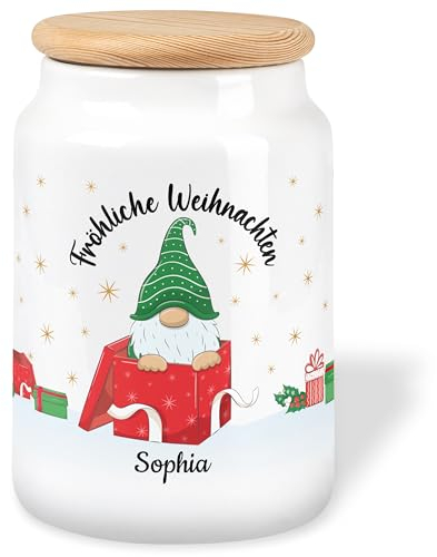 True Statements Geschenk zu Weihnachten: Personalisierte Keramikdose mit Holzdeckel und Wichtel-Motiv – 650ml Keksdose für Weihnachtsplätzchen Vorratsdose (Fröhliche Weihnachten, Rot)