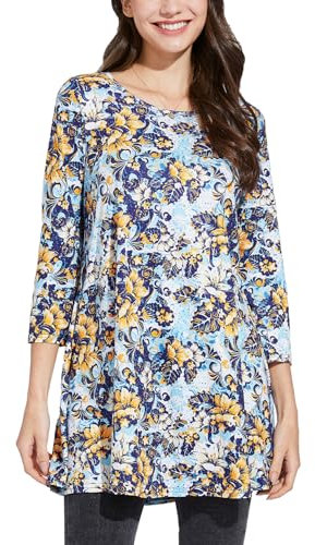 Enmain Womens Tunic Tops 3/4 Long Sleeve Ladies Tunics Casual Loose Floral Tunic Top for Leggings Round Neck Blouses Shirt Blue & Yellow XL