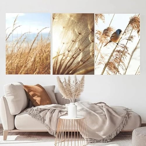 AmNooL Nordic Wall Art Leinwandbild Malerei Herbst Landschaft Bild Pflanzen Reed Vogel Heu Poster Wohnzimmer Home Dekoration Wandbild Kein Rahmen-40x50cmX3