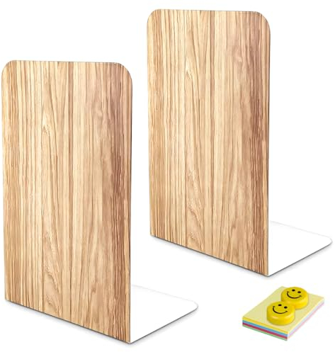 Qualsen Book Ends for Shelves Bookends Metal Book End 2 Pieces(1 Pair) Bookend Book-Ends Heavy Duty Book Holders Book Stoppers for Shelves Classroom Office 17 x 12 x 10.3 cm (Imitative Wood)