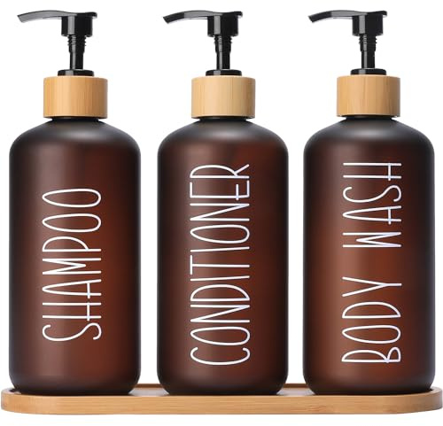 MOMEEMO Amber Shower Dispenser Set, Contains 3 Extra-Thick PET Plastic Bottles with Bamboo Pumps, Shampoo and Conditioner Dispenser for Shower Perfect for Modern Bathroom Decor. (Amber)