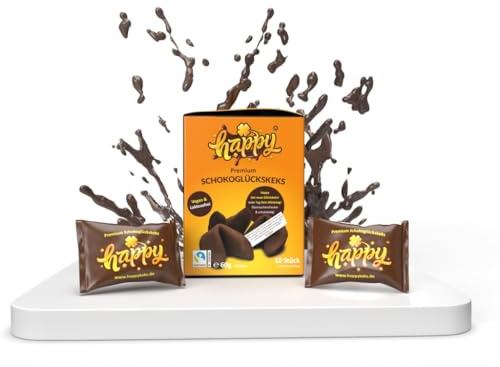 Happy Schokoglückskekse | vegane Glückskekse mit inspirierenden & achtsamen Sprüchen | Schokolade Geschenkidee für Motivation, Selfcare & Silvester | 10er Box | Fairtrade | ideal auch für Schule