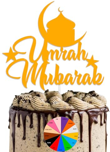 Umrah Mubarak Gold Mirror Finish Cake Topper for Large Cake with Transparent Stick