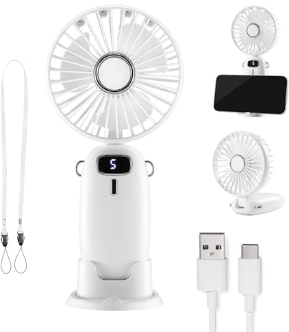 VonHaus Handventilator – Leichter, Tragbarer, USB Ventilator Klein mit 5 Stufen – Um 90° Faltbar, mit 60 cm Band und Handyhalter – Mini Ventilator für Schreibtisch, Zuhause, Büro (Weiß)