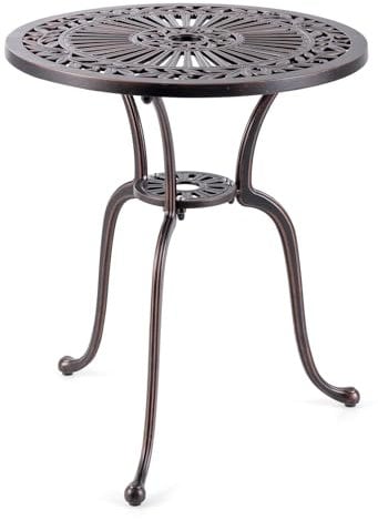 COSTWAY Garden Dining Table, Cast Aluminum Patio Bistro Table with Umbrella Hole, All-Weather Outdoor Conversation Side Table for Balcony Backyard Poolside, Antique Bronze (Round-61 x 61cm)