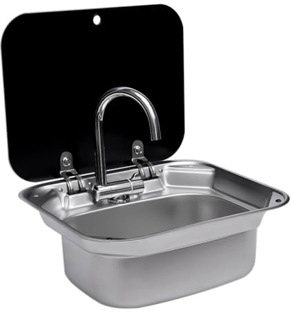 RV Camping Fregadero Kit de construcción Lavabo Rectangular con Tapa Caravana Camper Cocina Fregadero de Acero Inoxidable Fregadero RV Lavabo Kit Plegable Cuadrado Exterior Campin con Grifo Retráctil