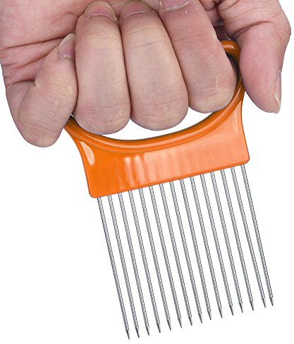 Onion Slicer Holder,Potato Tomato Cutter Slicer Gadget- Stainless Steel Fork Slicing Helper -Vegetable Cutting Chopper Guide-Kitchen Tool Aid Gadget