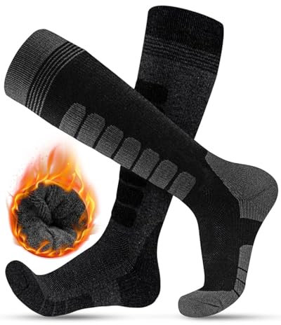 FORVEVO 2 paires de 43-46 chaussettes de ski pour homme en laine mérinos, rembourrées, chaussettes chaudes pour l'hiver, chaussettes de ski pour femme (noir/gris foncé)
