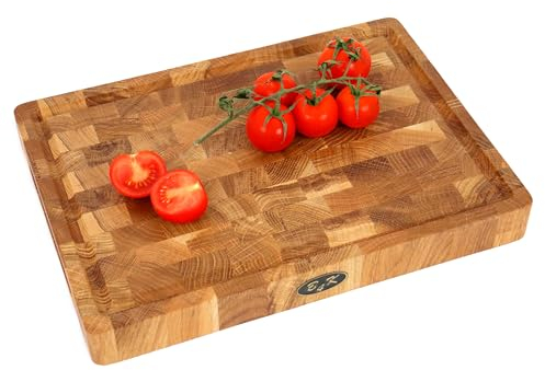 B4K® Schneidebrett aus Eiche Stirnholz 35 × 25 × 4 cm – Massiver Hackblock | Antibakterielles Hirnholzbrett mit Griffen, Saftrille & Silikonfüßen | Perfekt für Küche, Fleisch & BBQ