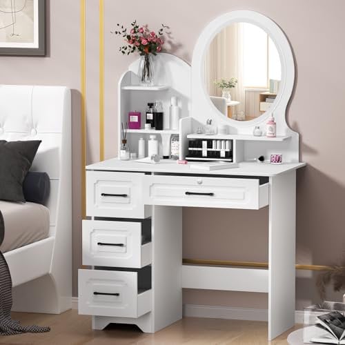 Katolang Dressing Table,Makeup Desk,Large Vanity Desk with LED Lights and Adjustable Brightness Mirror Bedroom Dresser with 4 Drawers 3 open shelves and Storage Shelves for Girls Women (White)