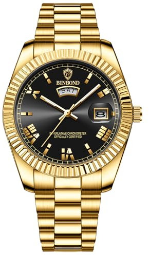 Silverora Herrenuhren Datum Uhren Herren: 3ATM Wasserdicht Dreidimensional facettierte Analoge Quarz Armbanduhren Kalender Edelstahlarmband Uhren mit Leuchtzeiger Geschenke für Männer Gold schwarz