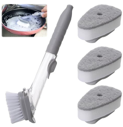 Spülbürste Mit 3 Austauschbaren,Schwammköpfen,Spülbürste Mit Spülmittelspender,Mehrzweck Küchenbürste,Befüllbare Spülbürste,Reinigungsbürste Für Topf, Pfanne, Spüle