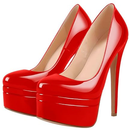 MissHeel Women's Soft Platform Round Toe Stiletto Slip On Super High Heel Sexy Pump Double Platform Court Shoes Red Size 5