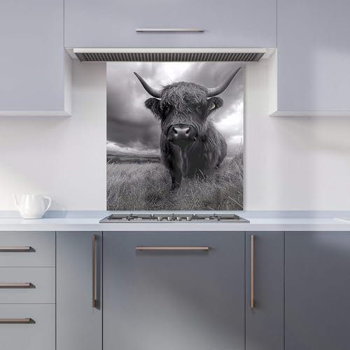 Premium Black And White Highland Cow Kitchen Splashback 6mm Toughened Glass Kitchen Splashback – Heat Resistant Splashback for Kitchens, Perfect for Cookers and Hobs, Polished Edges