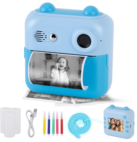 Gugxiom Kids Camera Instant Print, Fotocamera Digitale per Bambini con Scheda SD da 32 GB e 3 Rotoli Di Carta per Stampante, Fotocamera per Bambini per Ragazzi e Ragazze (blu)